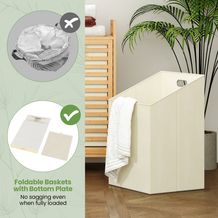 Double tilt-out laundry hamper with two removable bins, made from natural bamboo, ideal for laundry rooms and bathrooms.
