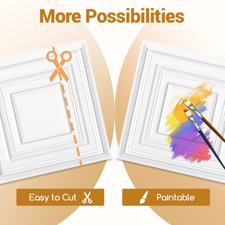 Drop ceiling tiles showcasing easy cutting and paintable features, ideal for versatile wall and ceiling applications.