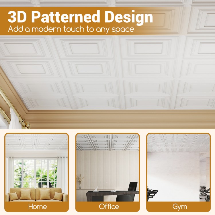 3D patterned white PVC ceiling tiles, 24" x 24", ideal for modern home, office, or gym decor, versatile installation.