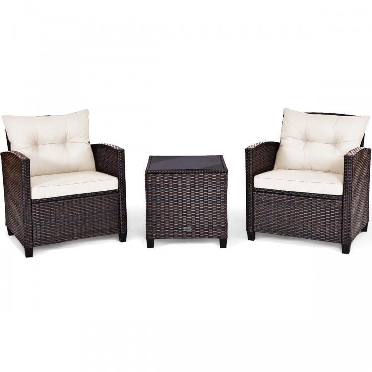 3 Pcs Patio Rattan Furniture Set Cushioned Conversation Set Coffee Table-WhiteCostway Gallery View 3 of 16