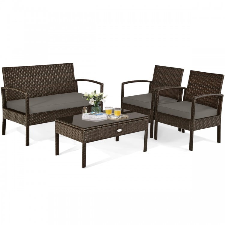 Single chair from the patio rattan furniture set with soft cushion and sturdy frame, perfect for outdoor lounging.