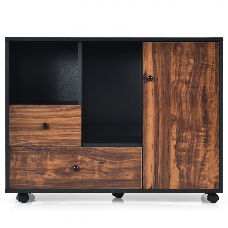 Mobile filing cabinet with 2 drawers and open shelves, featuring brown wood grain and rolling wheels for home and.
