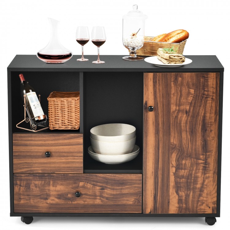 Mobile filing cabinet with brown wood grain, featuring 2 drawers, open shelves, and a spacious tabletop for home or.