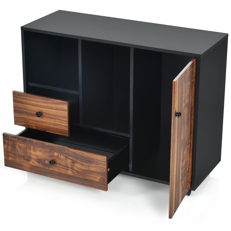 Mobile filing cabinet with 2 drawers and open shelves, featuring espresso wood grain for home and office use.