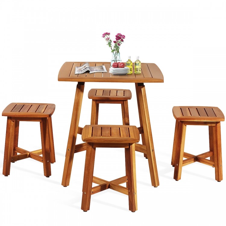 Square acacia wood dining table with four stools, perfect for outdoor gatherings and space-saving design.