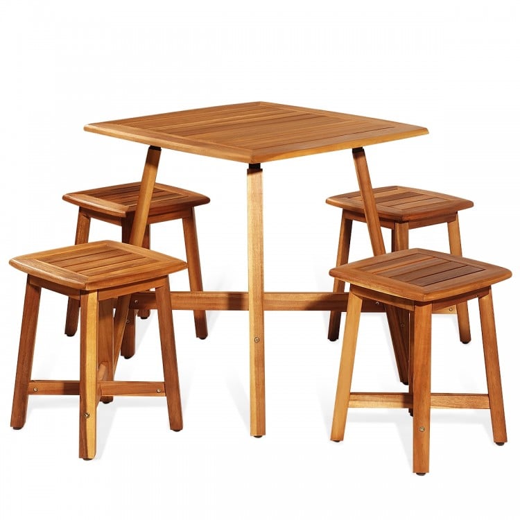 Square acacia wood dining table with four stools, ideal for outdoor gatherings and space-saving design.