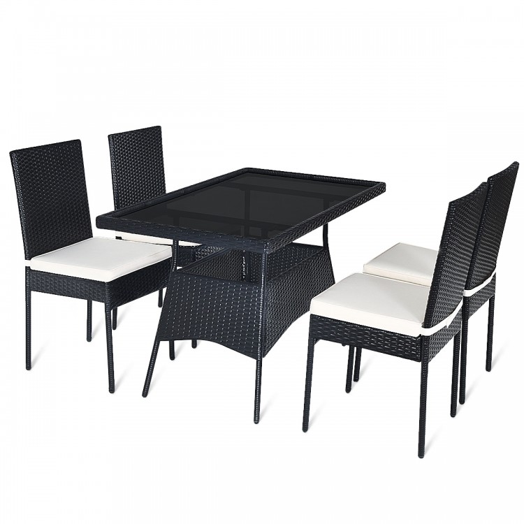 Single dining chair from the 5-piece outdoor patio rattan dining set, featuring a soft cushion and durable PE rattan.