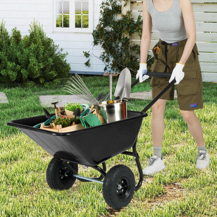Dual-wheel garden utility cart in black, featuring a 21-gal capacity and pneumatic tires for easy maneuverability.