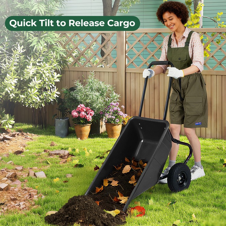 Dual-wheel wheelbarrow utility cart in black with pneumatic tires, ideal for transporting garden materials like mulch.