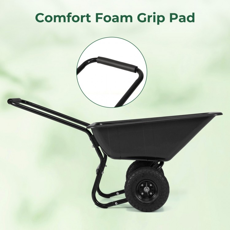 Dual-wheel wheelbarrow with a black PP bin and comfort foam grip pad, ideal for transporting garden materials.