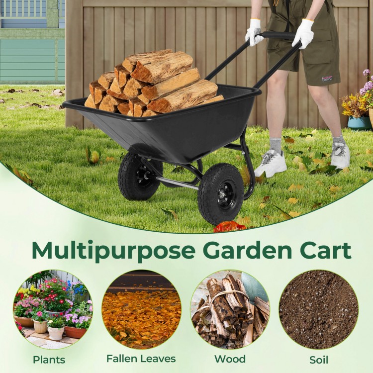 Dual-wheel garden utility cart in black with pneumatic tires, ideal for transporting wood, soil, and garden materials.