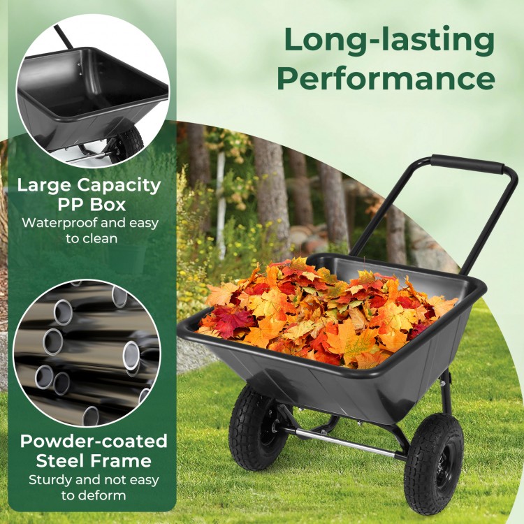 Dual-wheel garden utility cart with a 21-gal PP box, sturdy steel frame, and pneumatic tires for easy maneuverability.