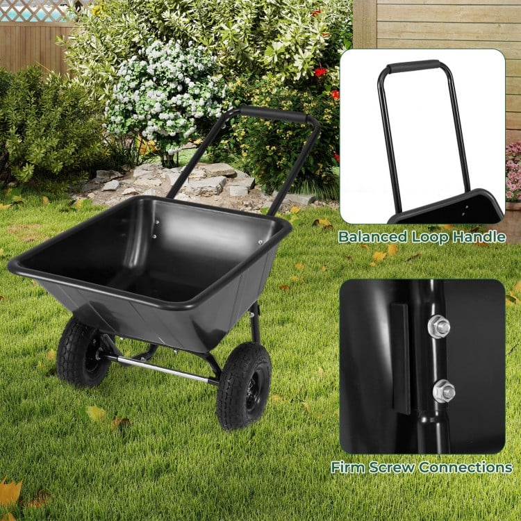 Dual-wheel garden utility cart in black with pneumatic tires, 21-gal capacity, perfect for transporting materials.