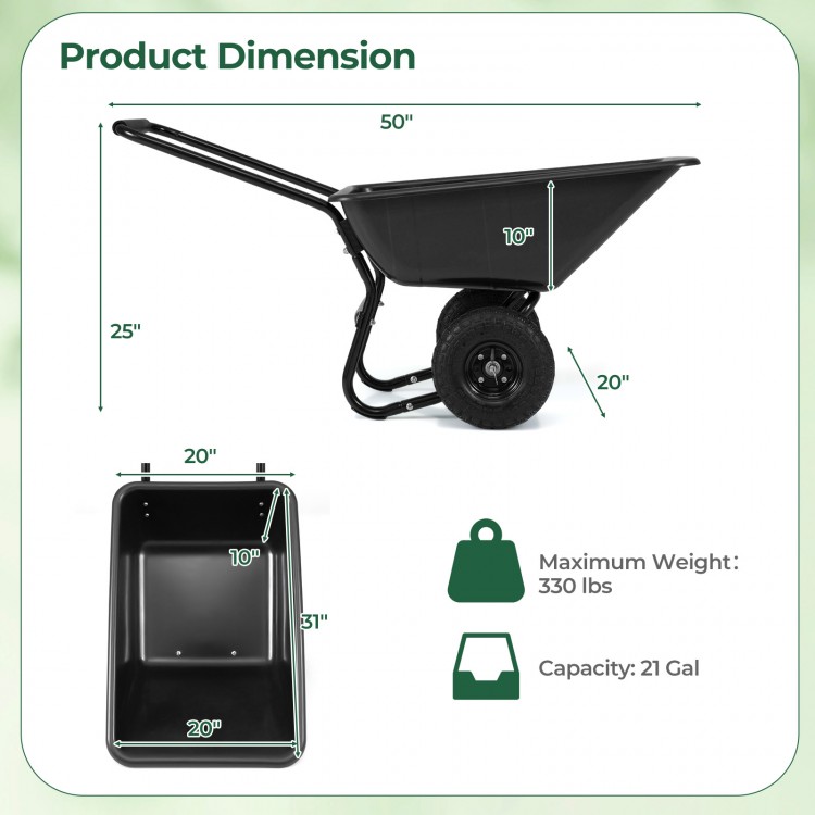 Dimensions of the black dual-wheel wheelbarrow utility cart, featuring a 21-gal capacity and 330 lbs weight limit.
