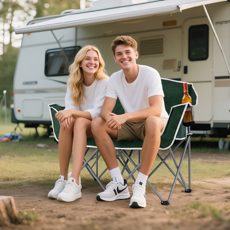 Duo camping chair in green with armrests and cup holders, perfect for outdoor relaxation at the campsite or beach.