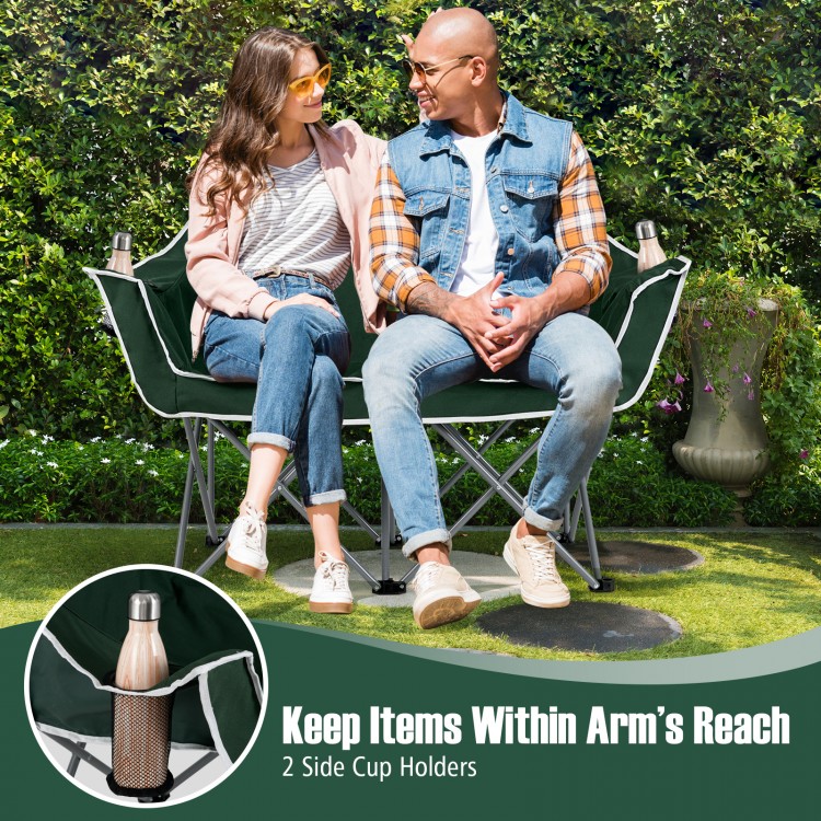 Duo camping chair loveseat in green with armrests and 2 cup holders, perfect for outdoor relaxation and stability.