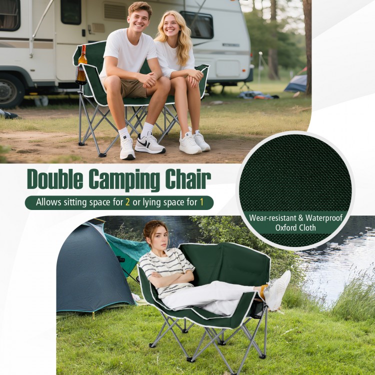 Double camping chair in green with armrests and cup holders, made of wear-resistant oxford cloth for outdoor comfort.
