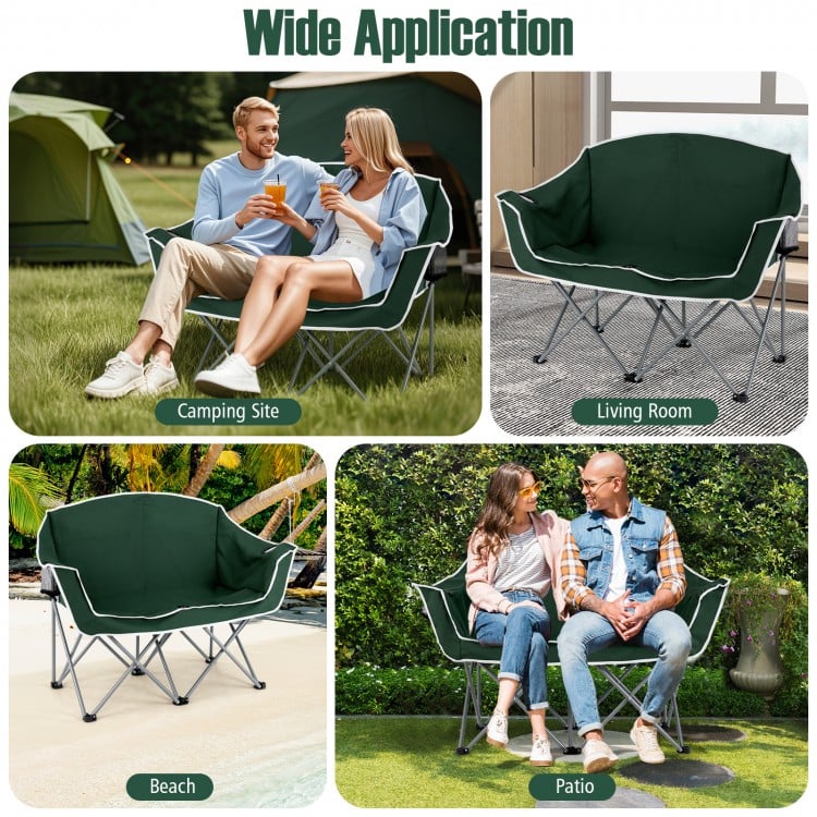 Green portable oversized loveseat camping chair with a comfortable backrest and cup holders, ideal for relaxation at.