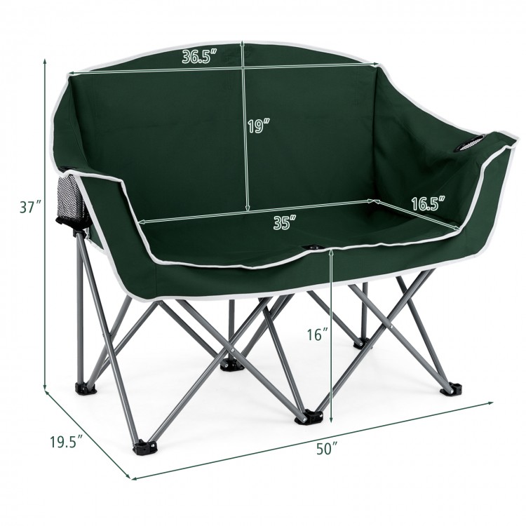 Green oversized camping loveseat with a comfortable backrest and mesh cup holders, designed for lakeside or park use.