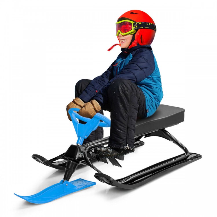 Kids snow sled in blue with steering wheel and brakes, designed for safety and comfort during outdoor fun.