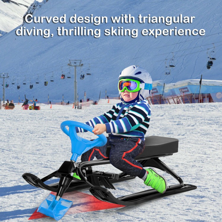 Kids snow sled with steering wheel and brakes, featuring a durable steel frame for safe outdoor skiing fun.