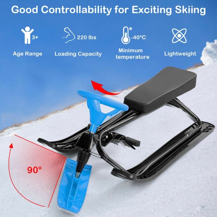 Kids snow sled with steering wheel and brakes in blue, featuring a durable steel frame for safe outdoor skiing.