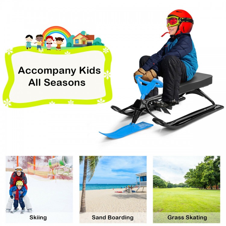 Kids snow sled in blue with steering wheel and brakes, perfect for skiing, sand boarding, and grass skating adventures.