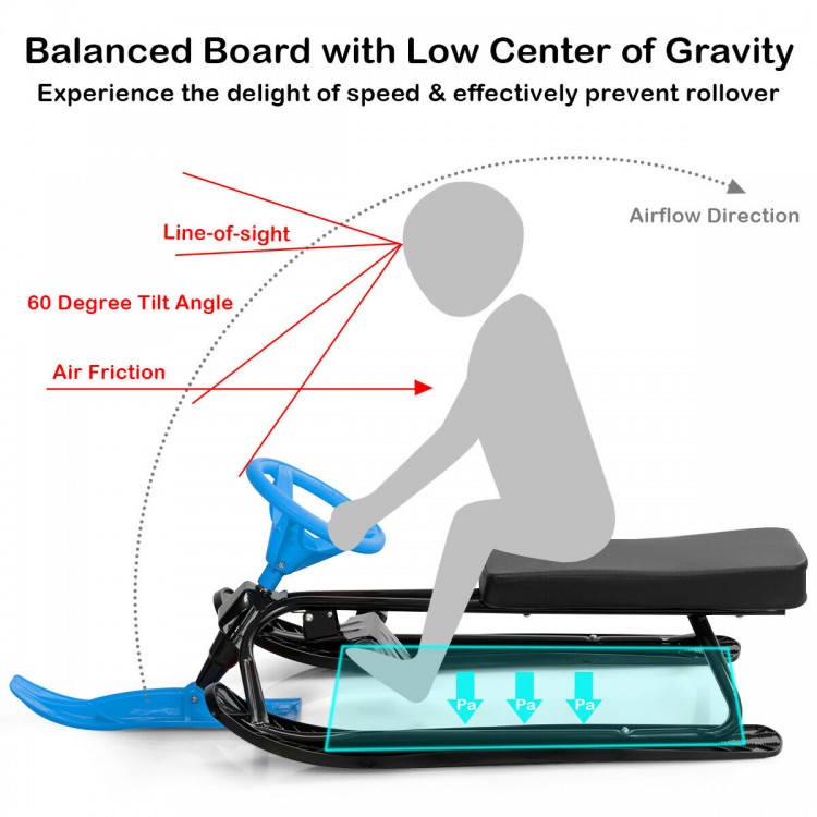 Kids snow sled with steering wheel and brakes in blue, featuring a durable steel frame for safety and outdoor fun.