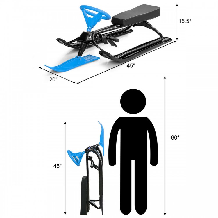 Kids snow sled with steering wheel and brakes in blue, featuring a durable steel frame for safe outdoor fun.