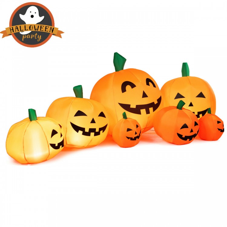 Inflatable 7.5 feet Halloween pumpkin patch with LED lights, featuring multiple sizes for festive outdoor decoration.