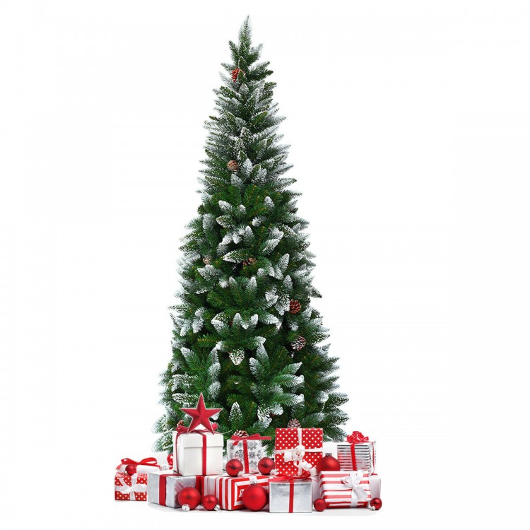 Artificial pencil Christmas tree with flocked snow design and pine cones, surrounded by festive red and white gifts.