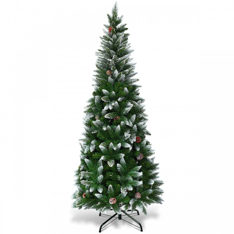 Artificial pencil Christmas tree with flocked snow design and 21 pinecones, perfect for indoor or outdoor holiday decor.