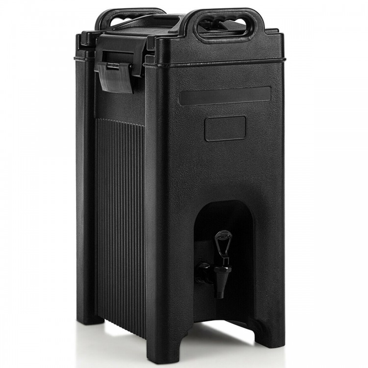 5-gallon insulated beverage server dispenser in black, made from food-grade LLDPE, ideal for parties and gatherings.