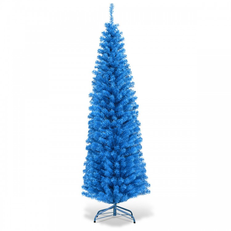 Blue 6ft unlit pencil slim Christmas tree with 520 branch tips, perfect for narrow spaces and festive holiday decor.