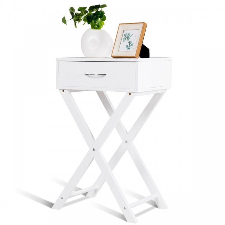 Modern X-Shape accent side table in black with sturdy MDF construction and a convenient drawer for home organization.