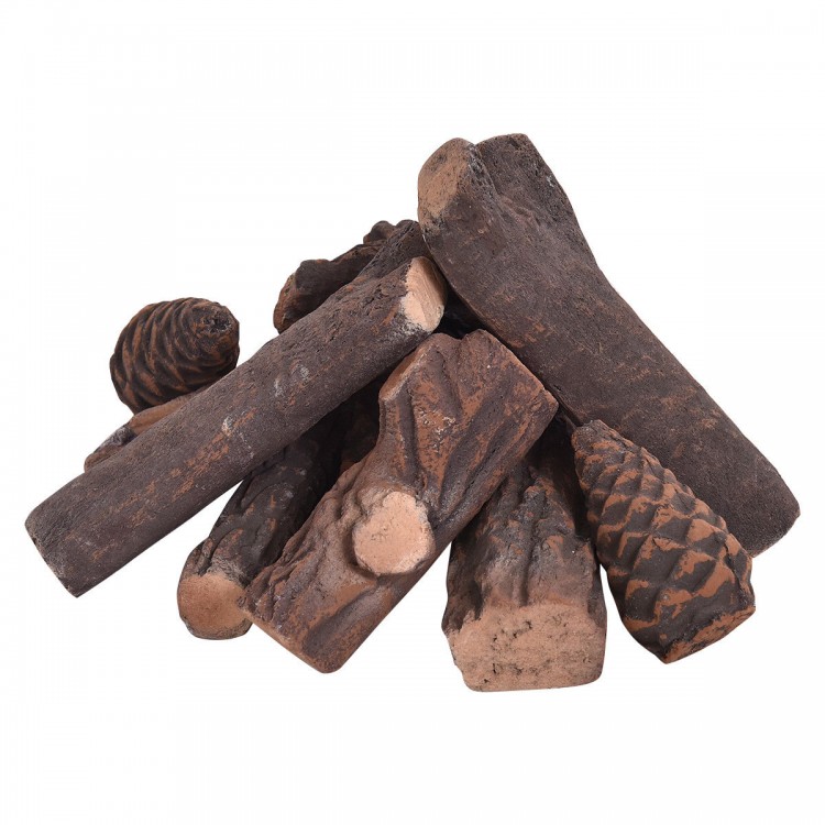 Realistic 9 PCS ceramic fireplace logs set with varied sizes, perfect for propane fireplaces and outdoor fire pits.