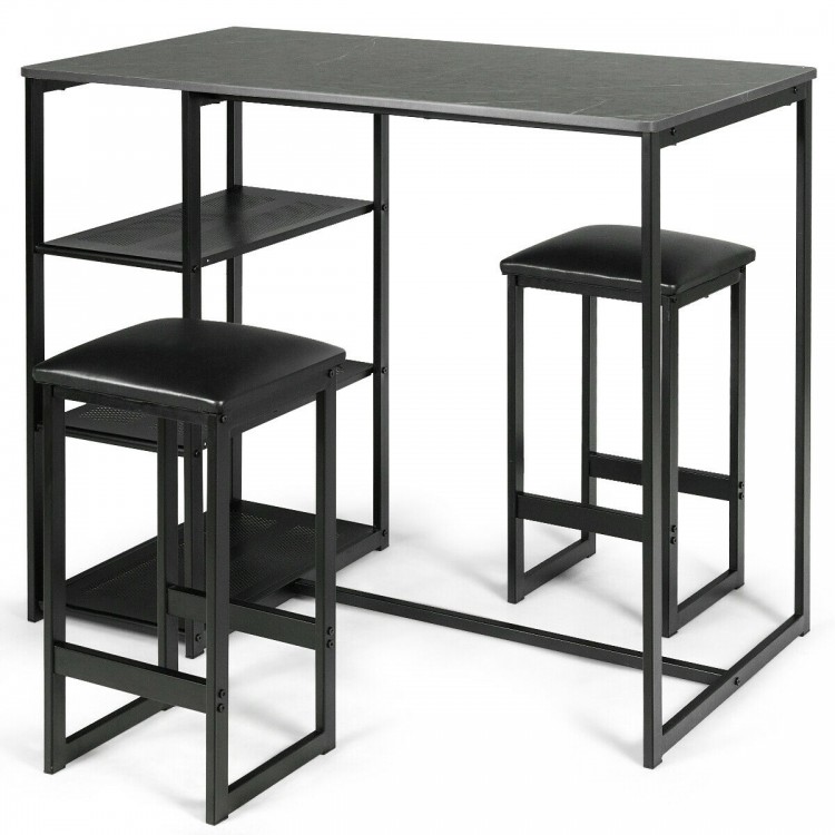 Front view of the dining set showcasing the faux marble top table and two black stools with a sleek, compact design.