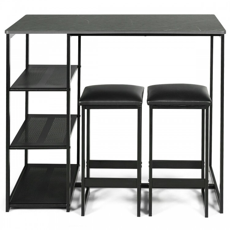 Dining set featuring a faux marble top table and two black stools, designed for space-saving and easy cleaning.