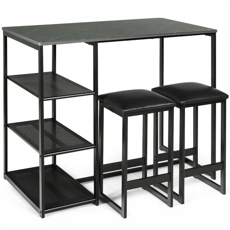 Dining set featuring a faux marble top table with two black stools and a 3-layer metal shelf for space-saving storage.