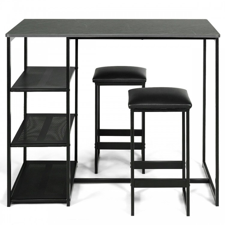 3 pcs dining set featuring a faux marble top table and 2 black stools, perfect for space-saving dining solutions.