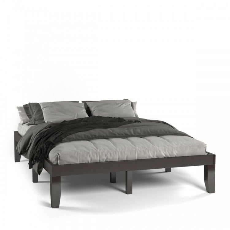 Queen size 14-inch wooden bed frame in brown, featuring a modern design and ample under-bed storage space.