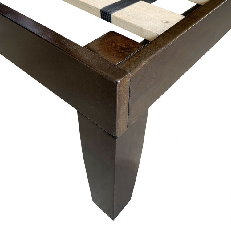 Close-up of the brown wooden bed frame leg, showcasing sturdy construction and modern design for a queen size mattress.
