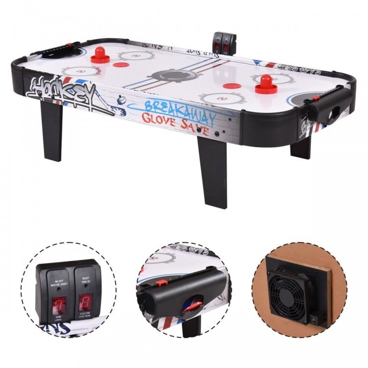 42-inch air hockey tabletop with electronic scorer, two pushers, and sturdy MDF frame for kids' entertainment.