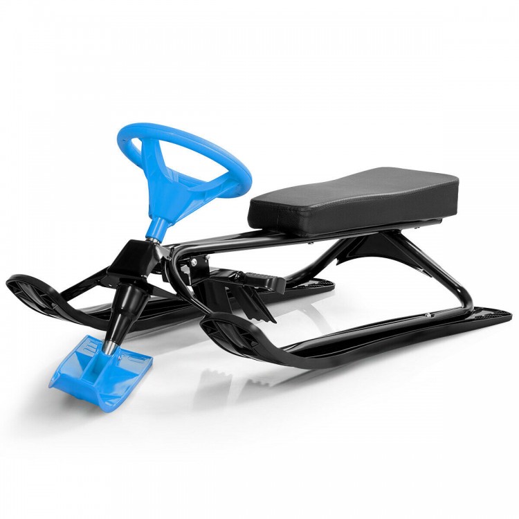 Kids snow sled in blue with foot brakes and steering wheel, designed for stability and safety during outdoor adventures.