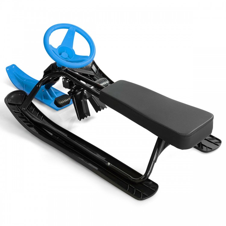 Kids snow sled with steering wheel and brakes in blue, featuring a durable steel frame for outdoor fun on snow, grass.