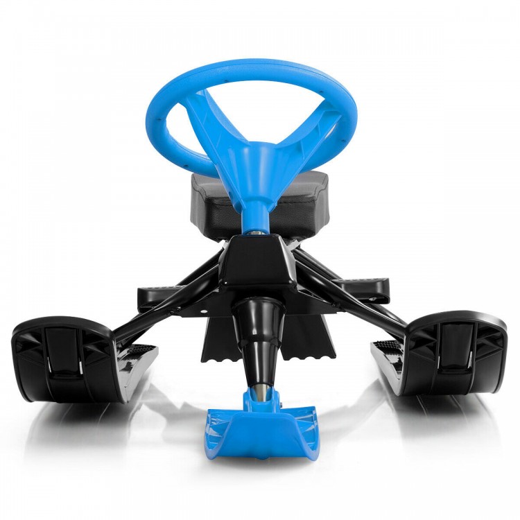 Kids snow sled in blue with steering wheel and brakes, designed for safety and durability on snow, grass, and sand.