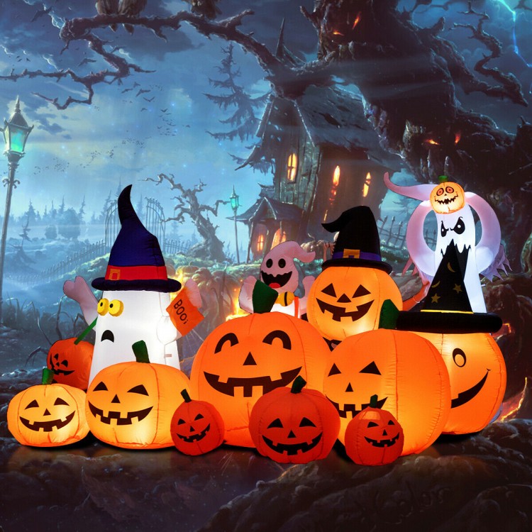 Colorful 7.5 feet Halloween inflatable pumpkin patch with LED lights, perfect for indoor and outdoor spooky decorations.