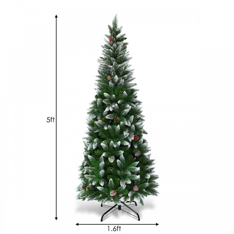 Slim 5ft artificial pencil Christmas tree with flocked snow design and 21 pine cones, perfect for indoor or outdoor use.