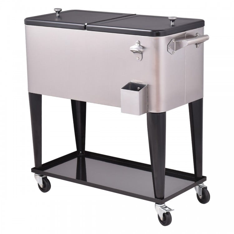 Stainless steel 80 quart patio rolling ice beverage cooler with locking casters and dual access lids for easy drink.