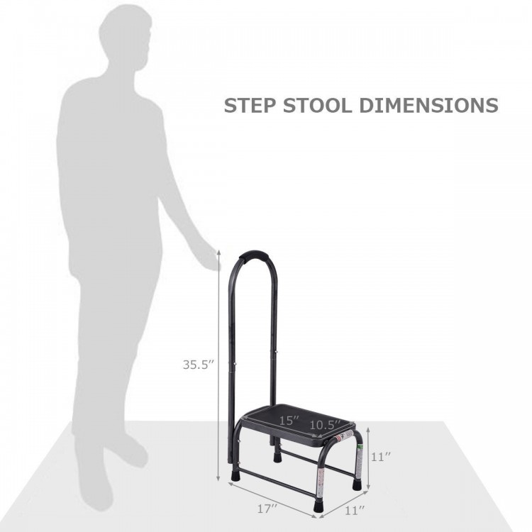 Step stool dimensions with a sturdy metal frame, non-slip platform, and foam handle for added support and stability.